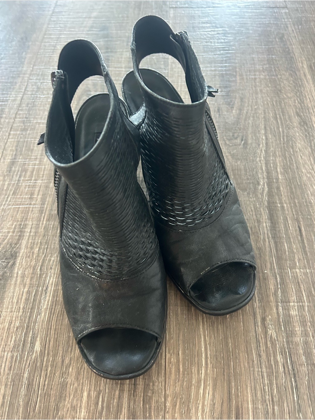 Women's Paul Green Black Peep-Toe Woven Heeled Ankle Boots
